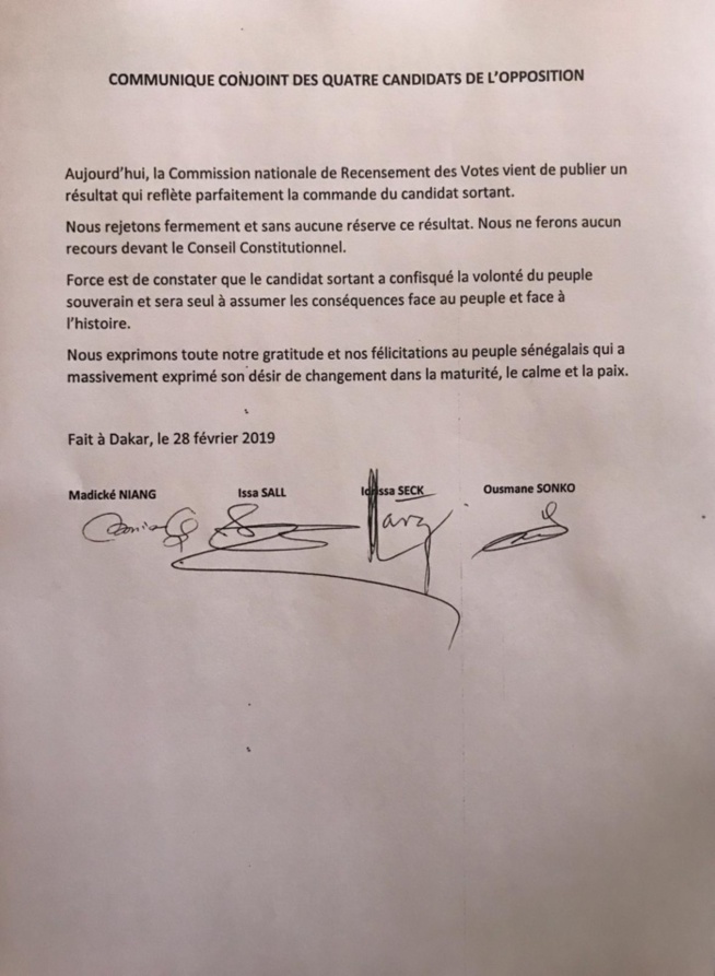 Idy, Sonko, Issa Sall et Madické rejettent "fermement et sans aucune réserve" les résultats provisoires de la Présidentielle Idy, Sonko, Issa Sall et Madické rejettent "fermement et sans aucune réserve" les résultats provisoires de la Présidentielle