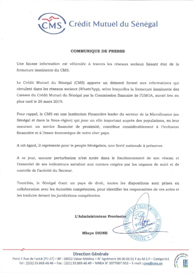 Le CMS dément la rumeur sur la fermeture de ses Caisses (Communiqué) Le CMS dément la rumeur sur la fermeture de ses Caisses (Communiqué)