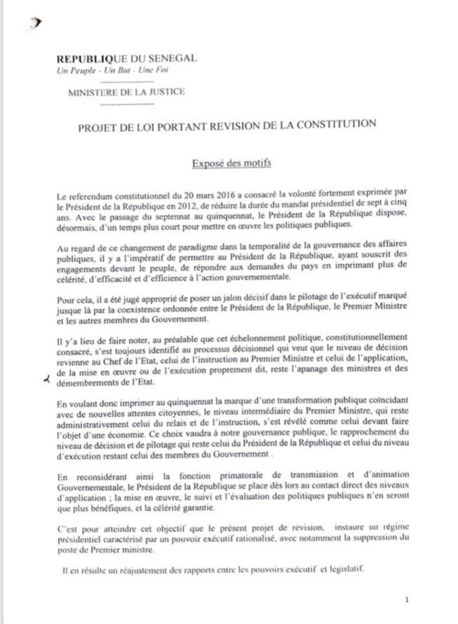 Projet de loi portant révision de la Constitution : Vers "un régime présidentiel caractérisé par un pouvoir exécutif rationalisé"