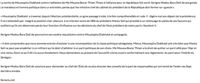 Serigne Modou Bara Doli tire sur Moustapha Diakhaté: "Il doit maintenant fermer sa gueule" Serigne Modou Bara Doli tire sur Moustapha Diakhaté: "Il doit maintenant fermer sa gueule"