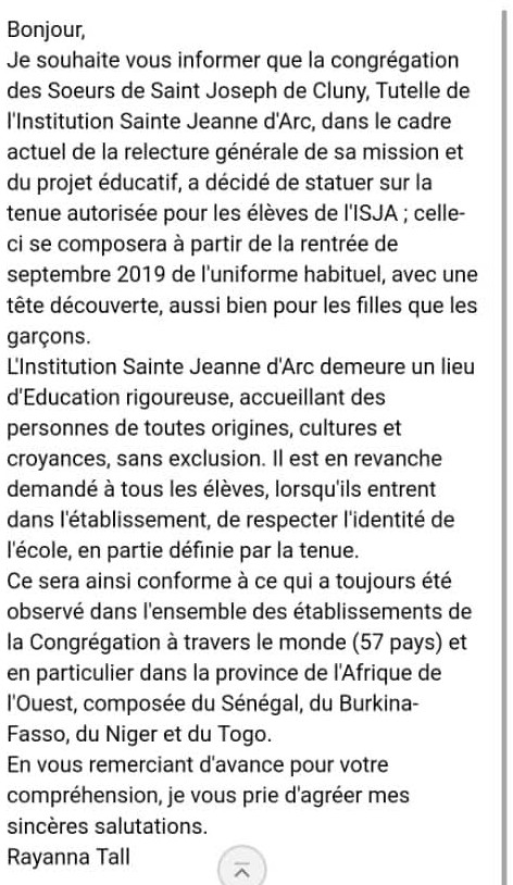 Scandale à Dakar : L’institut Jeanne d’arc de Dakar interdit aux élèves voilées de rentrer dans l’Etablissement ( Preuve ) Scandale à Dakar : L’institut Jeanne d’arc de Dakar interdit aux élèves voilées de rentrer dans l’Etablissement ( Preuve )