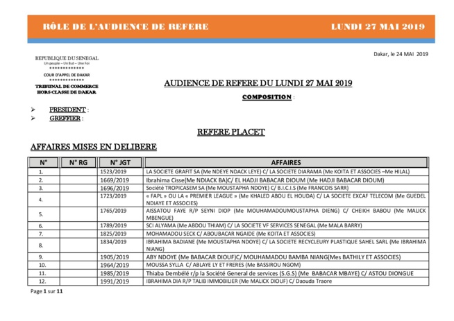 Rôle de l'audience de référé de ce lundi 27 mai 2019 Rôle de l'audience de référé de ce lundi 27 mai 2019