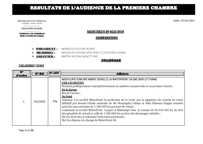 Délibérés des audiences de la Première Chambre du Tribunal de Commerce de Dakar de ce mercredi 29 mai 2019