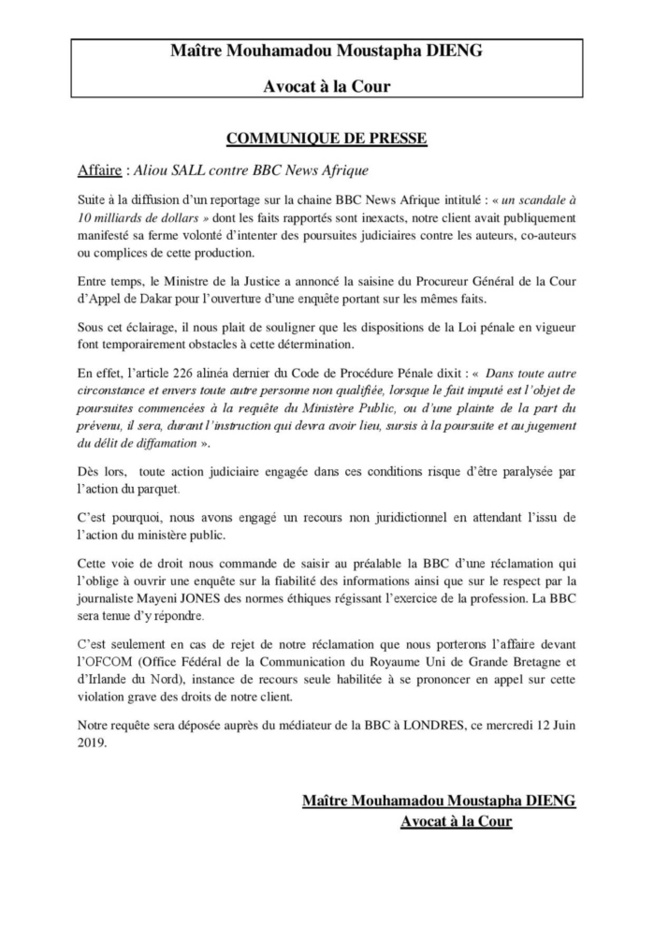 Communiqué de la défense d'Aliou Sall dans son affaire contre la BBC (Document) Communiqué de la défense d'Aliou Sall dans son affaire contre la BBC (Document)