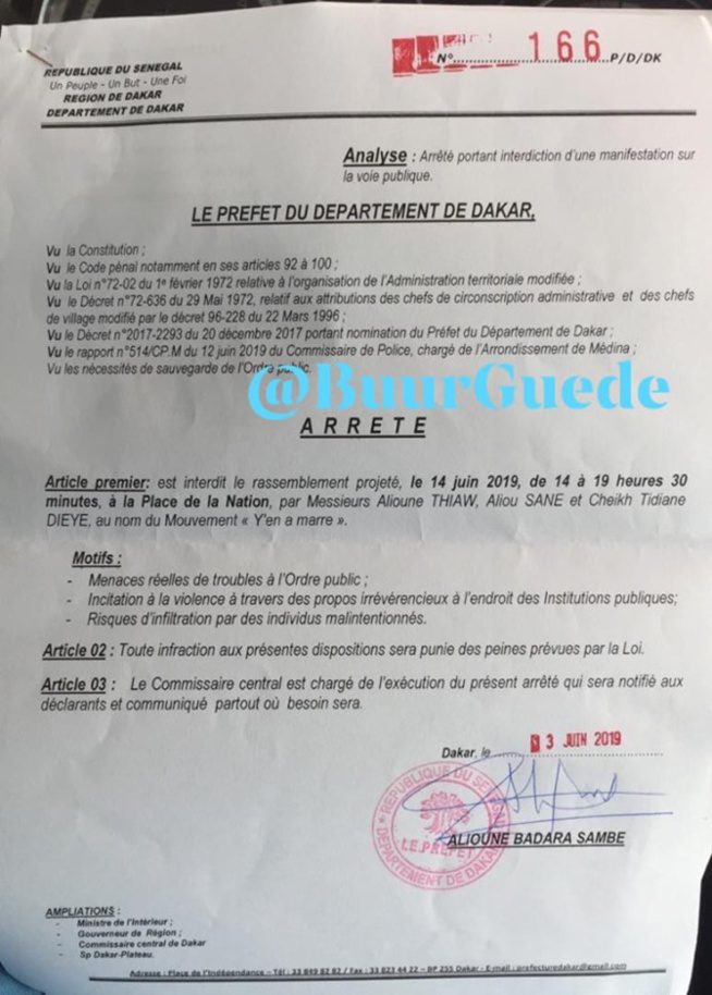 URGENT - La manifestation du collectif "Aar Li Nu Book" interdite (Document) URGENT - La manifestation du collectif "Aar Li Nu Book" interdite (Document)