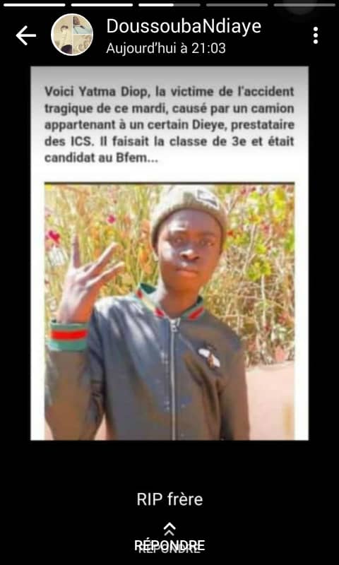 Mboro : Doussouba Ndiaye,un adolescent se fait violemment percuter par un camion de l’ICS Mboro : Doussouba Ndiaye,un adolescent se fait violemment percuter par un camion de l’ICS