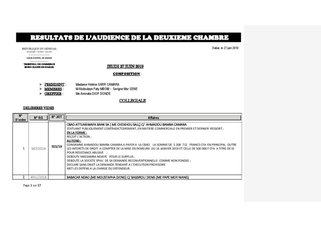 Tribunal du Commerce : Délibérés des Audiences de ce jeudi 27 juin 2019 Tribunal du Commerce : Délibérés des Audiences de ce jeudi 27 juin 2019