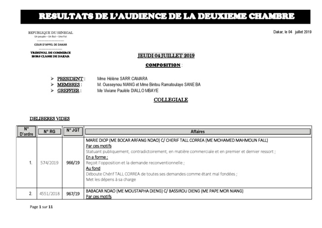 Tribunal du Commerce : Délibérés des Audiences du jeudi 4 juillet 2019 Tribunal du Commerce : Délibérés des Audiences du jeudi 4 juillet 2019
