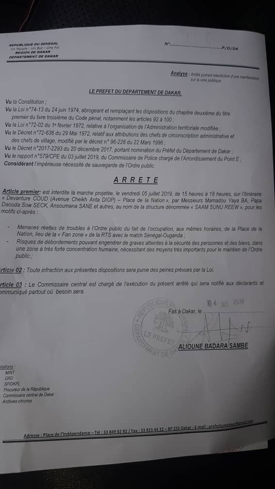 Marche de "Saam Sunu Reew" de ce vendredi: la manifestation finalement interdite Marche de "Saam Sunu Reew" de ce vendredi: la manifestation finalement interdite