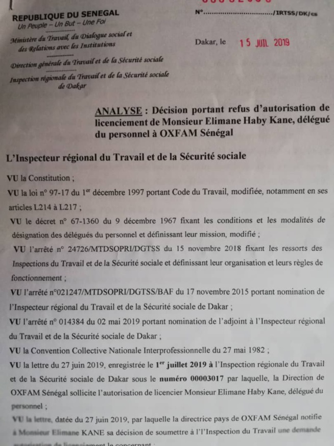 Contentieux Oxfam- Elimane Kane: L'inspection du travail rejette la demande d'autorisation de licenciement de l'employé Contentieux Oxfam- Elimane Kane: L'inspection du travail rejette la demande d'autorisation de licenciement de l'employé