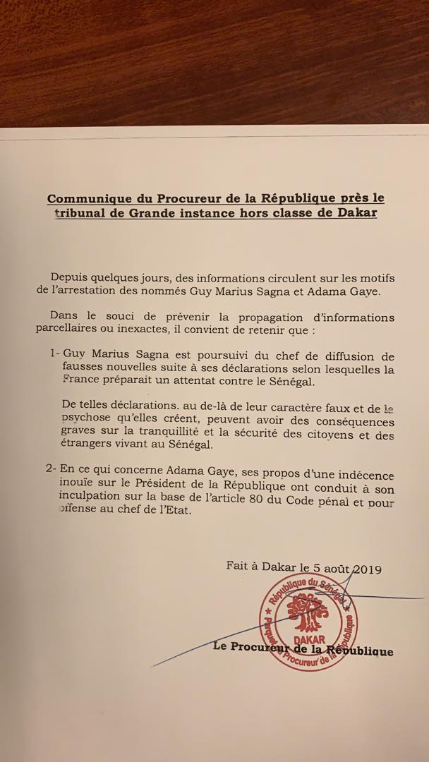 Guy Marius Sagna et Adama Gaye : le procureur explique pourquoi les activistes ont été arrêtés Guy Marius Sagna et Adama Gaye : le procureur explique pourquoi les activistes ont été arrêtés