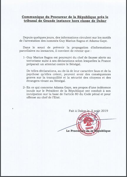 Motifs des arrestations de Guy Marius Sagna et Adama Gaye (Communiqué officiel) Motifs des arrestations de Guy Marius Sagna et Adama Gaye (Communiqué officiel)