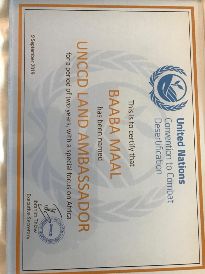 Baba Maal  Ambassadeur par la  Convention pour le Combat contre la désertification des Nations Unies (UNCCD)