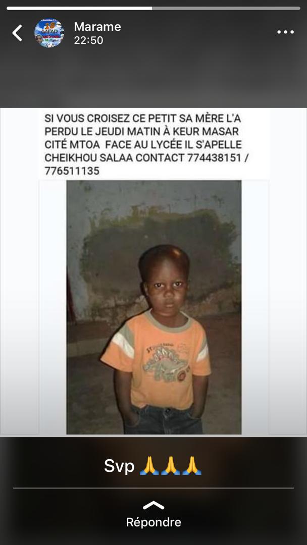 AVIS DE RECHERCHE: CHEIKHOU SALAA ce enfant est disparu depuis jeudi à Keur Massar. Contacter le 77 443 81 51