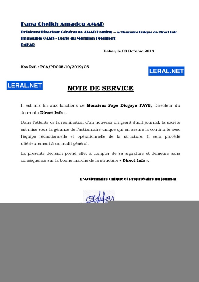 Licenciement: Cheikh Amar met fin aux agissements de Pape Diogaye Faye ( Document )