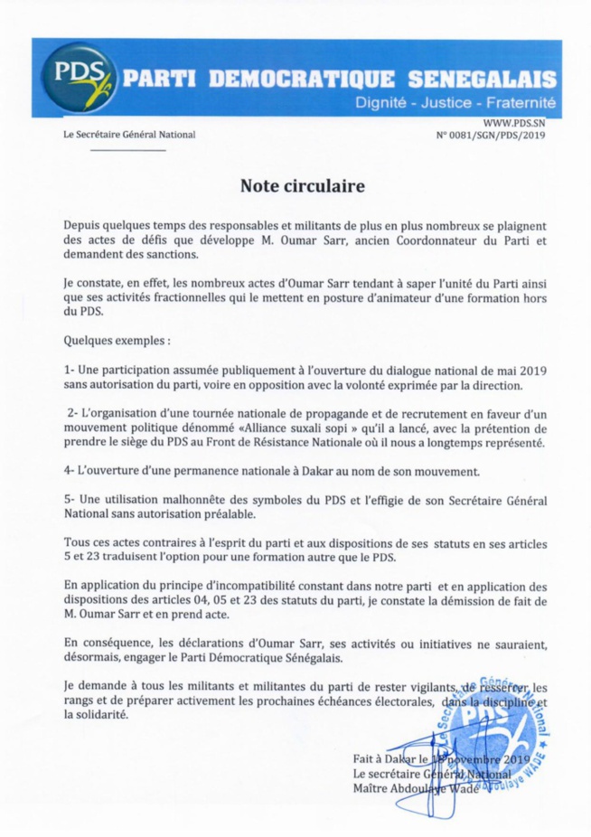 Wade exclut Oumar Sarr du Pds (Document) Wade exclut Oumar Sarr du Pds (Document)
