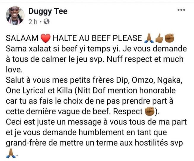 Le message de Duggy Tee aux rappeurs clash du moment