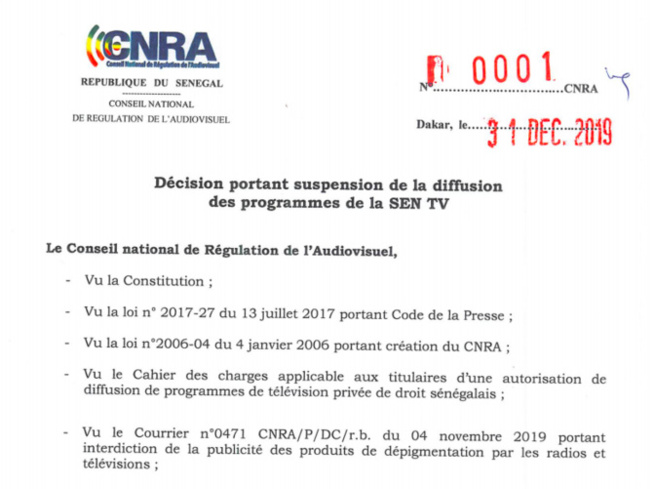 Sentv suspendue pour 7 jours : Ce que le CNRA reproche à la télé de Bougane (Documents)