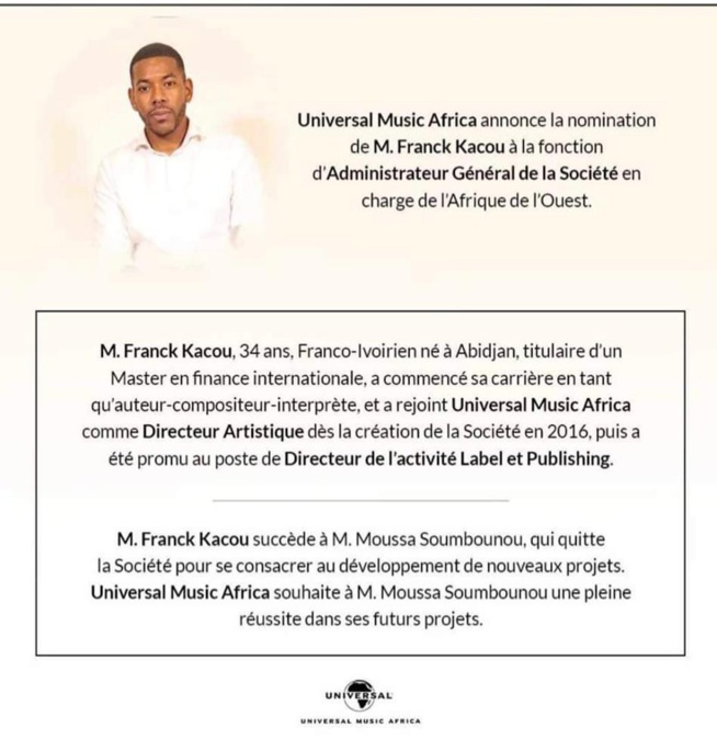 UNIVERSEL AFRICA: Moussou Soubounou viré de la direction,M. Frank Kacou reprend l'Administration Général. communiqué