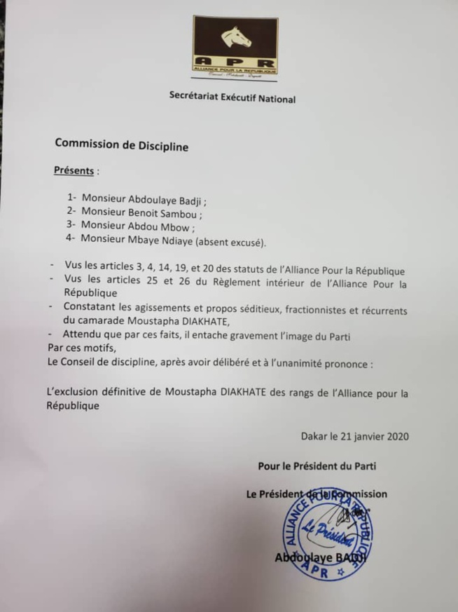 APR: Moustapha Diakhaté exclu du parti