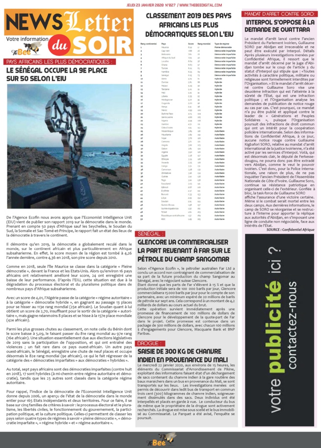 2019 : Le Sénégal est la 9ème démocratie africaine selon l'EIU