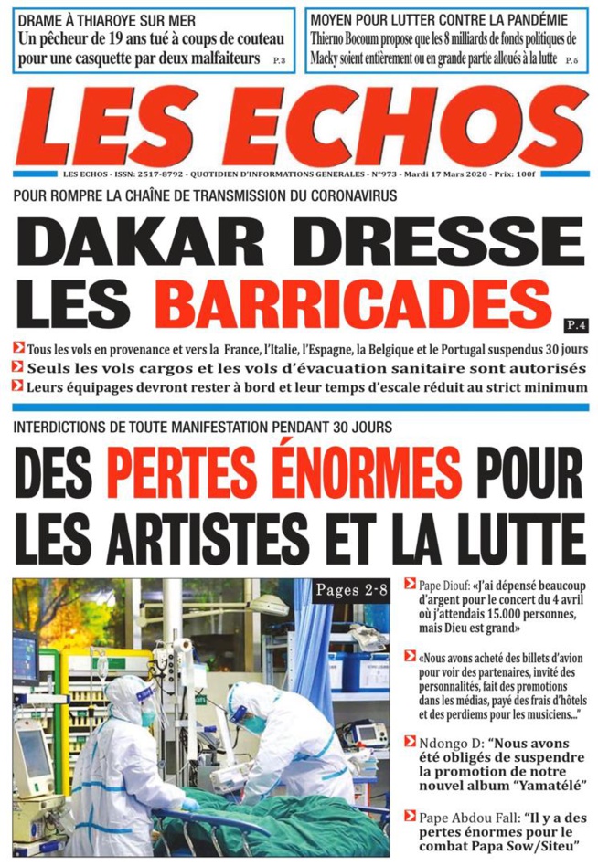 REVUE DE PRESSE: LA UNE DS QUOTIDIENS DU MARDI 17 MARS 2020