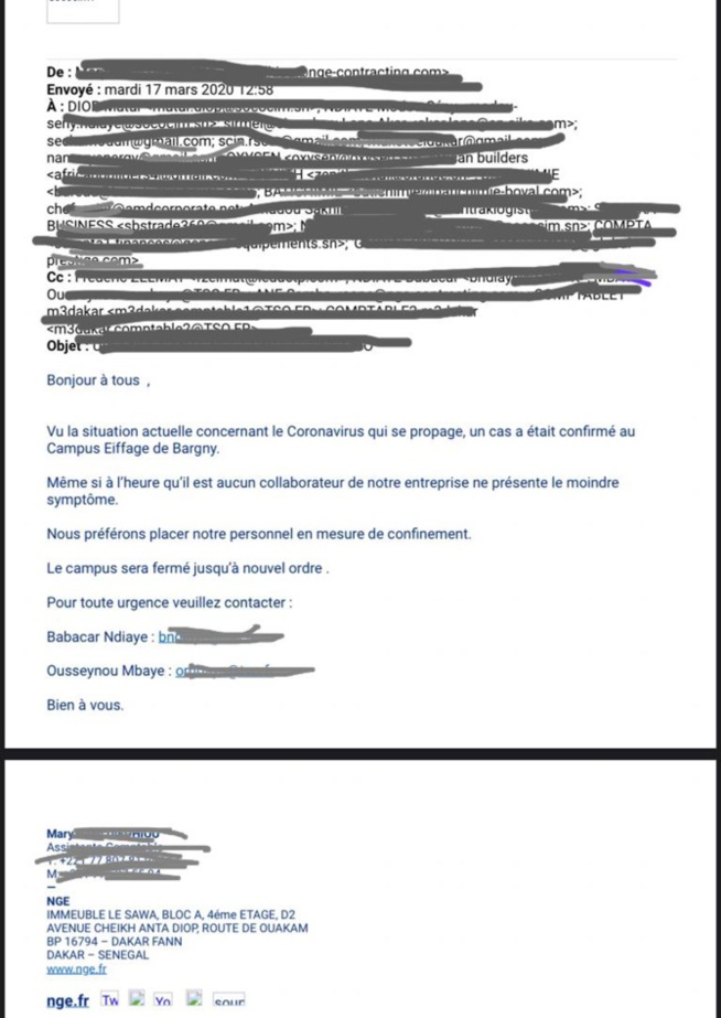 Eiffage Campus Bargny annonce un cas confirmé de Covid-19 et le confinement de son personnel (Mail)