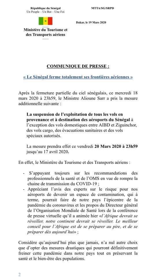 Coronavirus : Le Sénégal décide de fermer totalement ses frontières aériennes