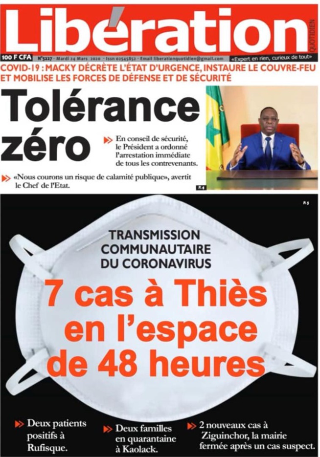 REVUE DE PRESSE: LA UNE DES QUOTIDIENS DU MARDI 24 MARS 2020