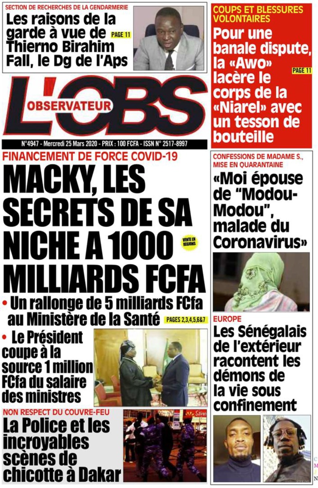 REVUE DE PRESSE: LA UNE DES QUOTIDIENS DU MERCREDI 25 MARS 2020