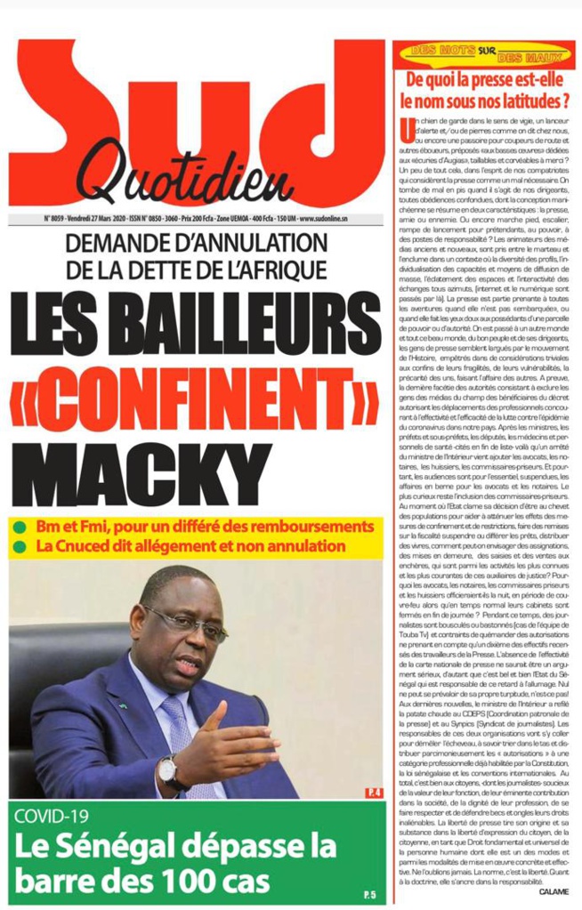 REVUE DE PRESSE: LA UNE DES QUOTIDIENS DU VENDREDI 27 MARS 2020