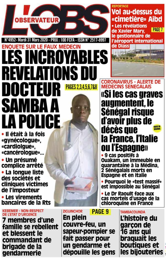 REVUE DE PRESSE: LA UNE DES QUOTIDIENSDU MARDI 31 MARS 2020