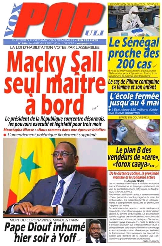 REVUE DE PRESSE: LA UNE DES QUOTDIENS DU 02 AVRIL 2020