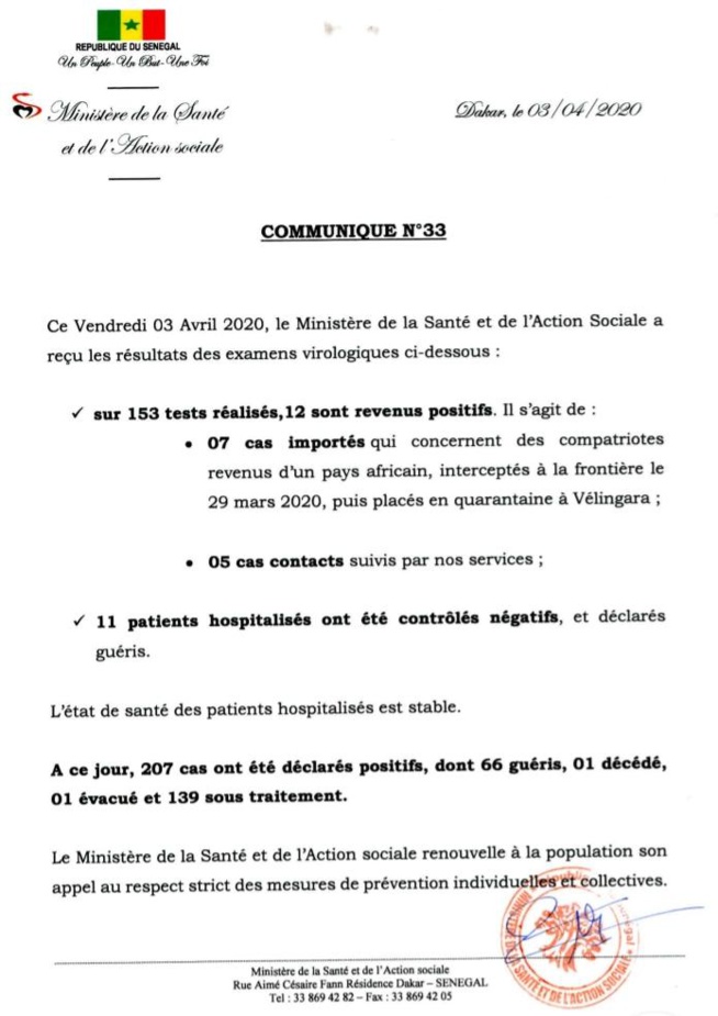 C0ronavirus : En détail, le rapport sur la situation au Sénégal, ce vendredi 3 avril C0ronavirus : En détail, le rapport sur la situation au Sénégal, ce vendredi 3 avril