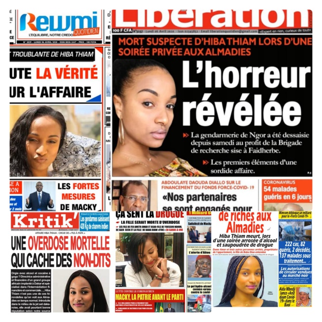REVUE DE PRESSE: Mort troublant de Hiba Thiam à la Une des quotidiens du lundi 06 Avril 2020