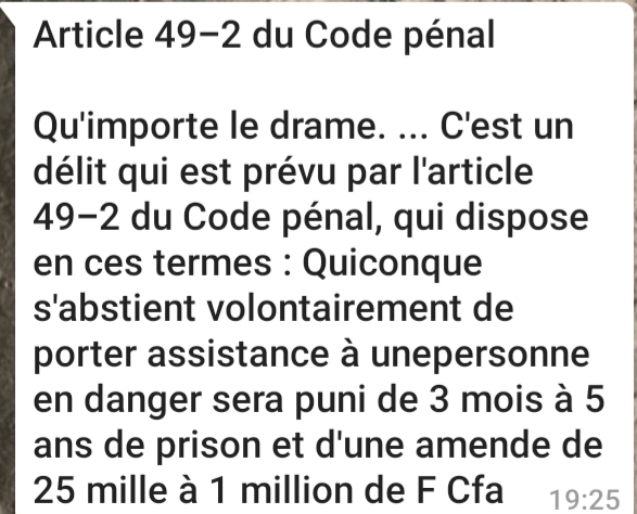 VIDÉO AFFAIRE HIBA THIAM: Ce que dit l'article 49-2 du code pénal sur un nom assistance à une personne en drame.