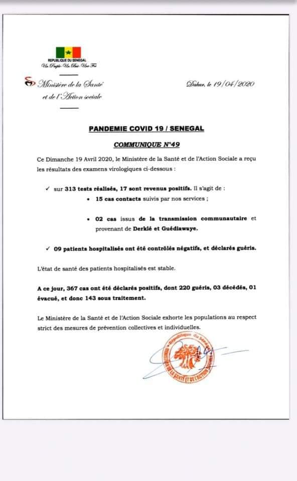 17 nouveaux cas dont 2 transmissions communautaires à Derklé et Guédiawaye ( Sénégal ) 17 nouveaux cas dont 2 transmissions communautaires à Derklé et Guédiawaye ( Sénégal )