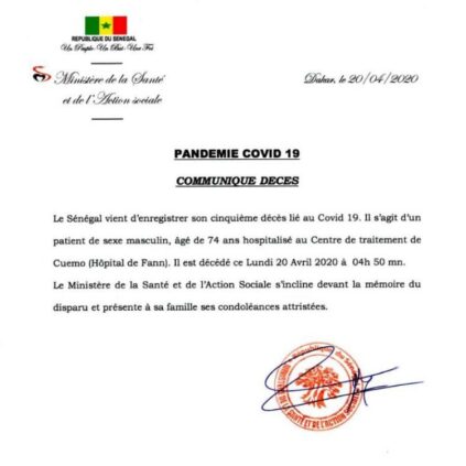 5e décès du Covid-19 au Sénégal: Le ministère de la Santé donne plus de détails sur la victime 5e décès du Covid-19 au Sénégal: Le ministère de la Santé donne plus de détails sur la victime