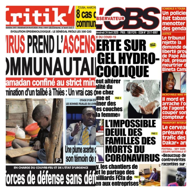A la une des quotidiens le Sénégal enregistre son7ème décès , 66 cas testés positif debut ramadan macky maintient le couvre-feu à 20h A la une des quotidiens le Sénégal enregistre son7ème décès , 66 cas testés positif debut ramadan macky maintient le couvre-feu à 20h