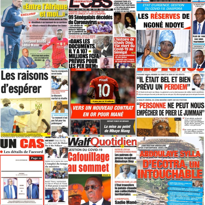 REVUE DES TITRES: LA UNE DES QUOTIDIENS DU LUNDI 11 MAI 2020:• Annonce de la réouverture des mosquées à Touba REVUE DES TITRES: LA UNE DES QUOTIDIENS DU LUNDI 11 MAI 2020:• Annonce de la réouverture des mosquées à Touba