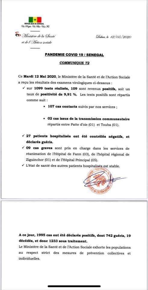Covid-19: Le Sénégal enregistre 109 nouveaux cas dont 9 graves et 27 patients guéris Covid-19: Le Sénégal enregistre 109 nouveaux cas dont 9 graves et 27 patients guéris