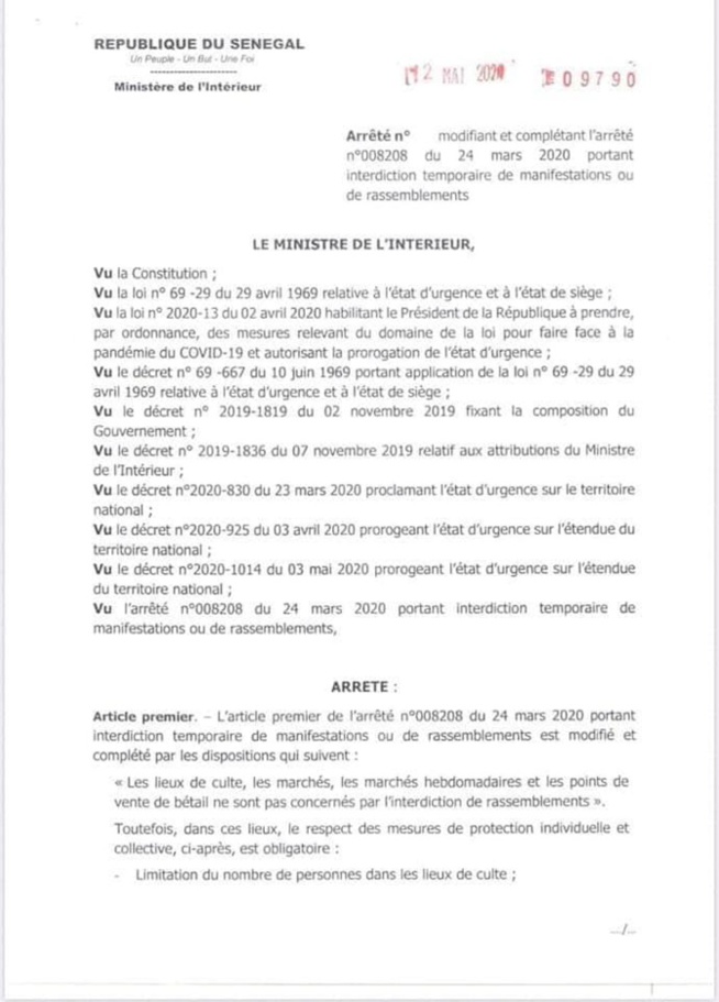 Réouverture des lieux de cultes, des marchés ...: Aly Ngouille Ndiaye sort son arrêté