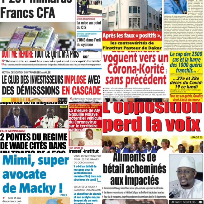 REVUE DES TITRES: 1639 MILLIARDS SAISIT PAR LA GENDARMERIE À LA UNE DES QUOTIDIENS DU MARDI 19 MAI REVUE DES TITRES: 1639 MILLIARDS SAISIT PAR LA GENDARMERIE À LA UNE DES QUOTIDIENS DU MARDI 19 MAI