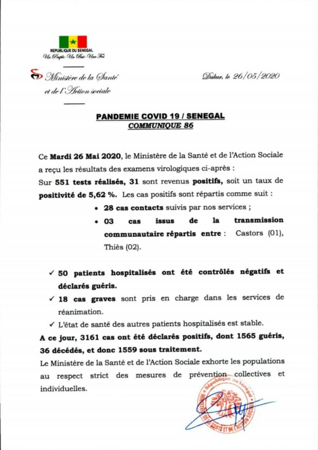 Covid 19: 31 nouvelles contaminations, dont 28 contacts suivis, 3 cas communautaires…