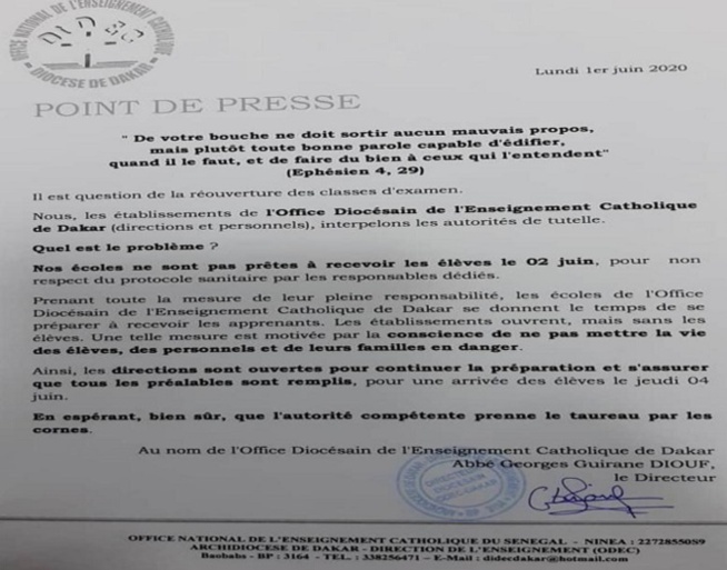 Reprise des cours demain 2 juin : l’Office Diocésain de Dakar dit poliment « non ! » et explique pourquoi… Reprise des cours demain 2 juin : l’Office Diocésain de Dakar dit poliment « non ! » et explique pourquoi…