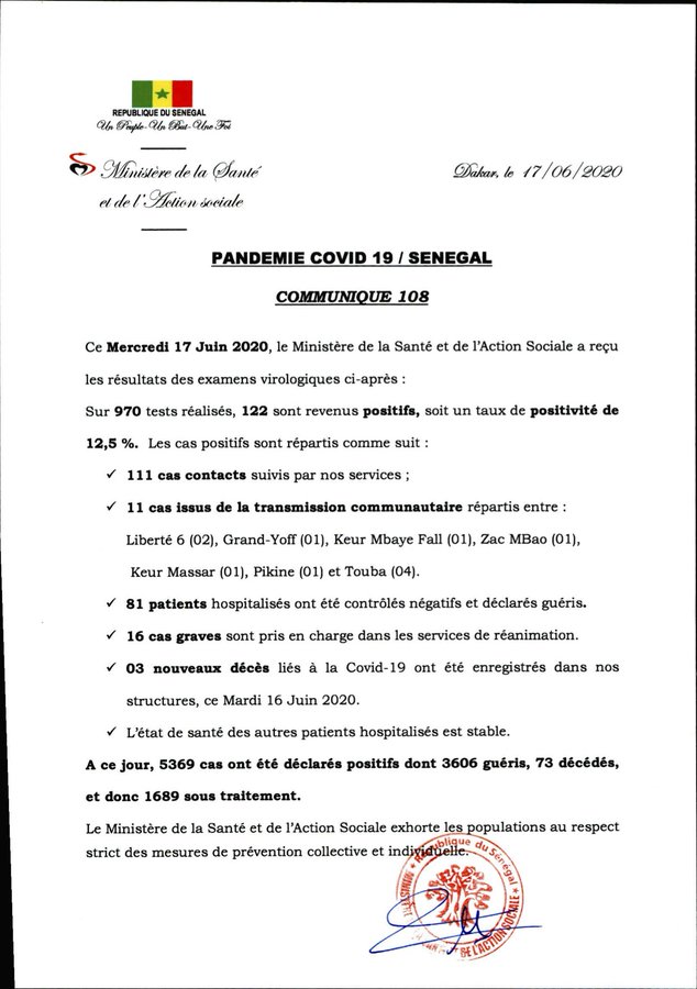 Dernière minute – Coronavirus : Le Sénégal enregistre 122 nouveaux cas, ce mercredi 17 juin