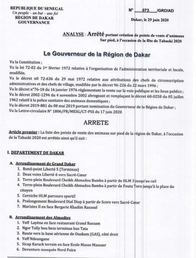 Arrêté Tabaski 2020: Liste des points de vente (document)