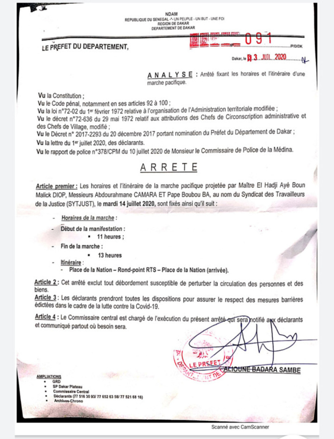 Marches pacifiques à Dakar : Le Préfet fixe désormais les horaires de 11h à 13h Marches pacifiques à Dakar : Le Préfet fixe désormais les horaires de 11h à 13h