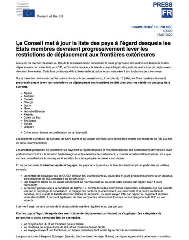 Vols internationaux : L’Ue fait marche arrière et répond au Sénégal Vols internationaux : L’Ue fait marche arrière et répond au Sénégal
