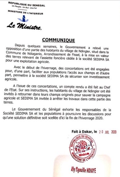 Aly Ngouille Ndiaye : « Dès demain, les paysans de Ndengler pourront retrouver leurs champs »